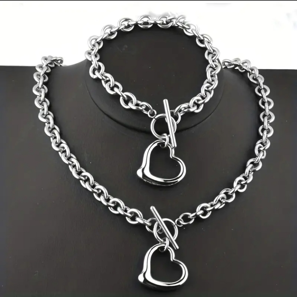 Titanium Stainless Steel Punk Heart Necklace & Bracelet Set|Valentine's Day Gift